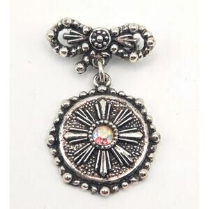 Bow Pendant Center Aurora Borealis Silver Tone Brooch Pin Vintage Cottage